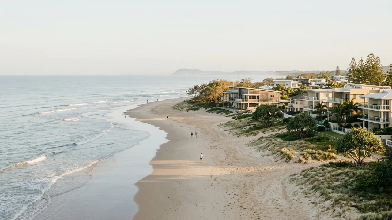 Morning view of a calm Sunshine Coast beach with low-rise holiday apartments and a surf club, soft November light