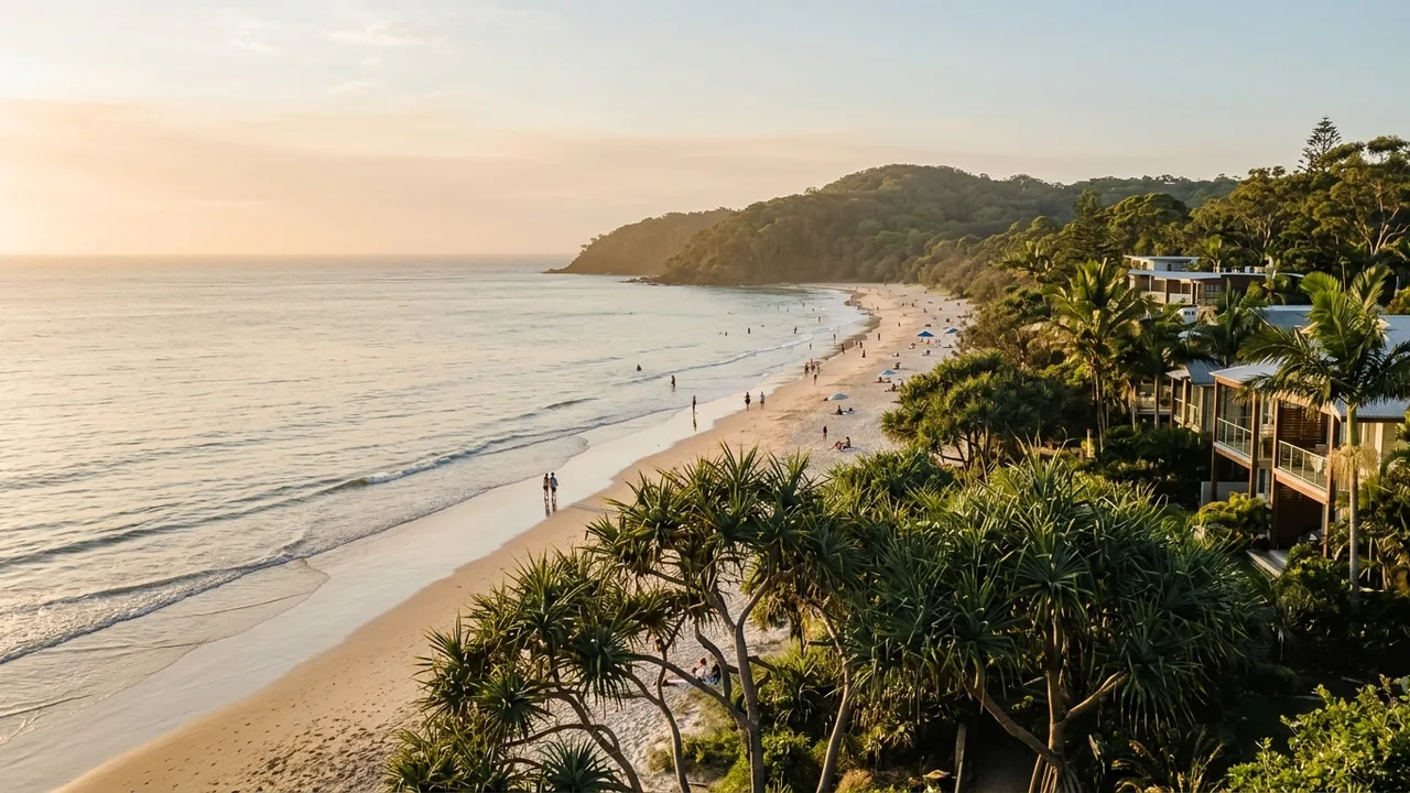 Late-afternoon view over Noosa Main Beach and headland with low-rise resorts among pandanus trees, warm November light