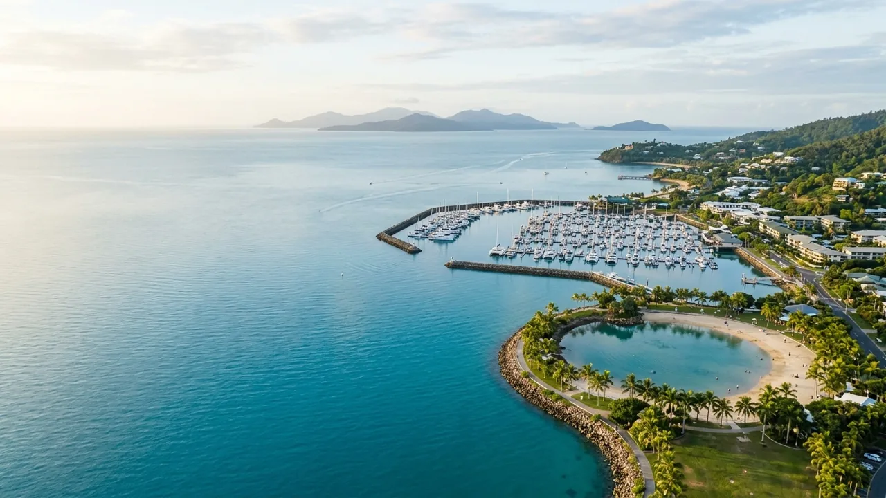 Aerial view of Airlie Beach marina and lagoon with the Whitsunday islands on the horizon in soft November morning light