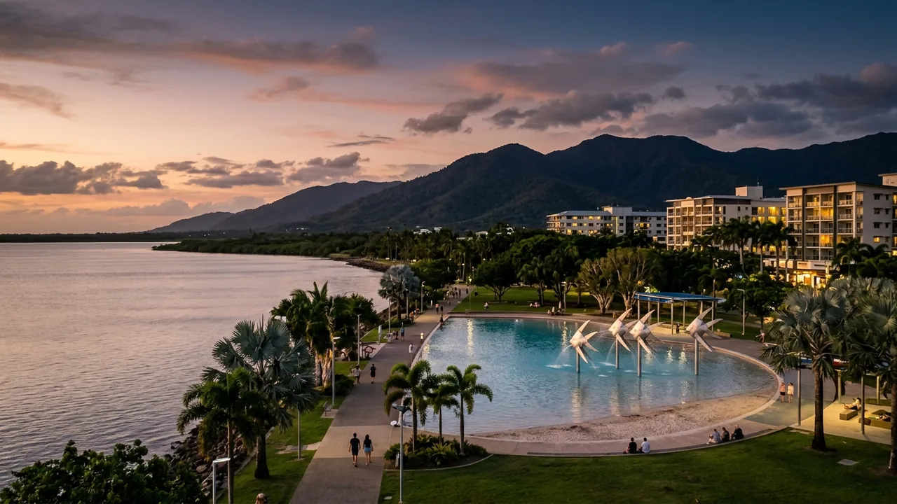 Evening view of the Cairns Esplanade lagoon and waterfront hotels with mountains behind, tropical November light
