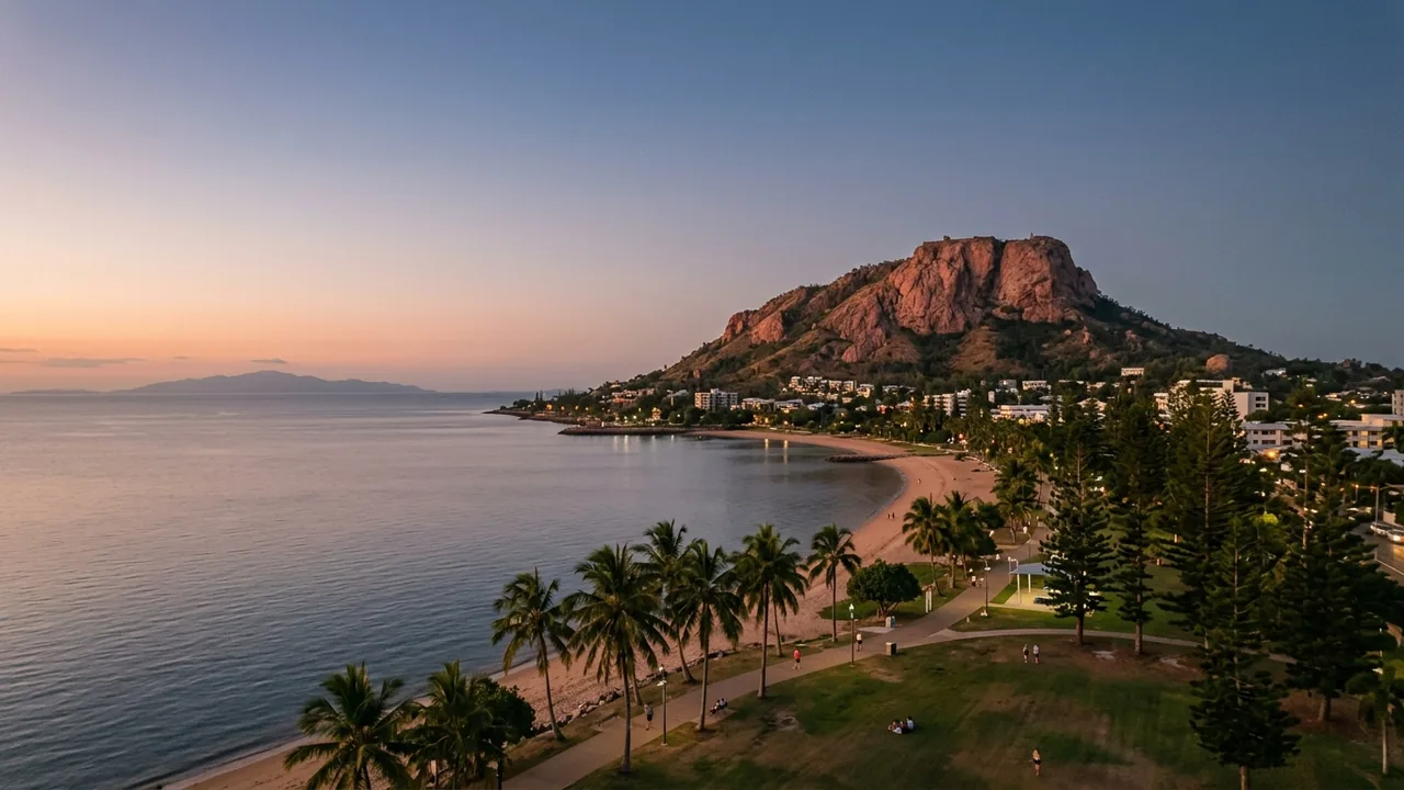 Sunset over the Townsville Strand and Castle Hill with Magnetic Island on the horizon, warm November evening