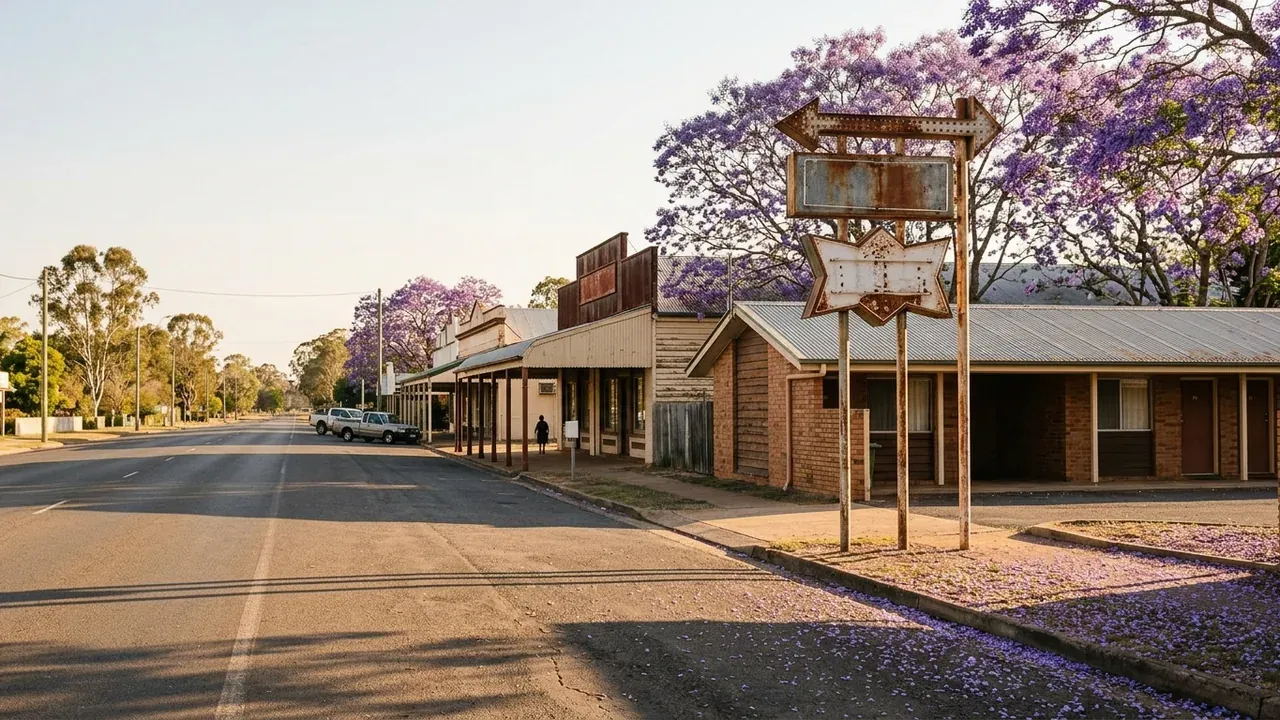 Wide shot of a quiet regional Queensland main street at golden hour with a classic country motel sign and jacaranda trees in bloom