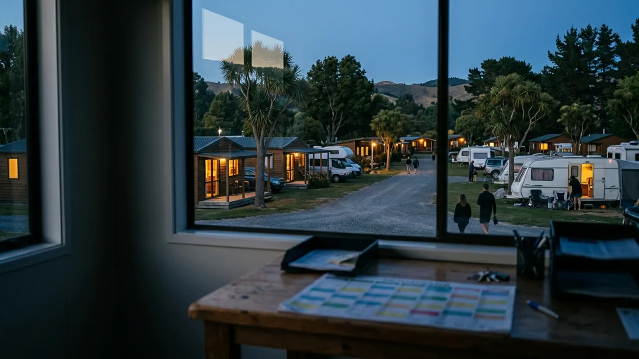 Dusk view of a full New Zealand holiday park, warm light in every cabin window
