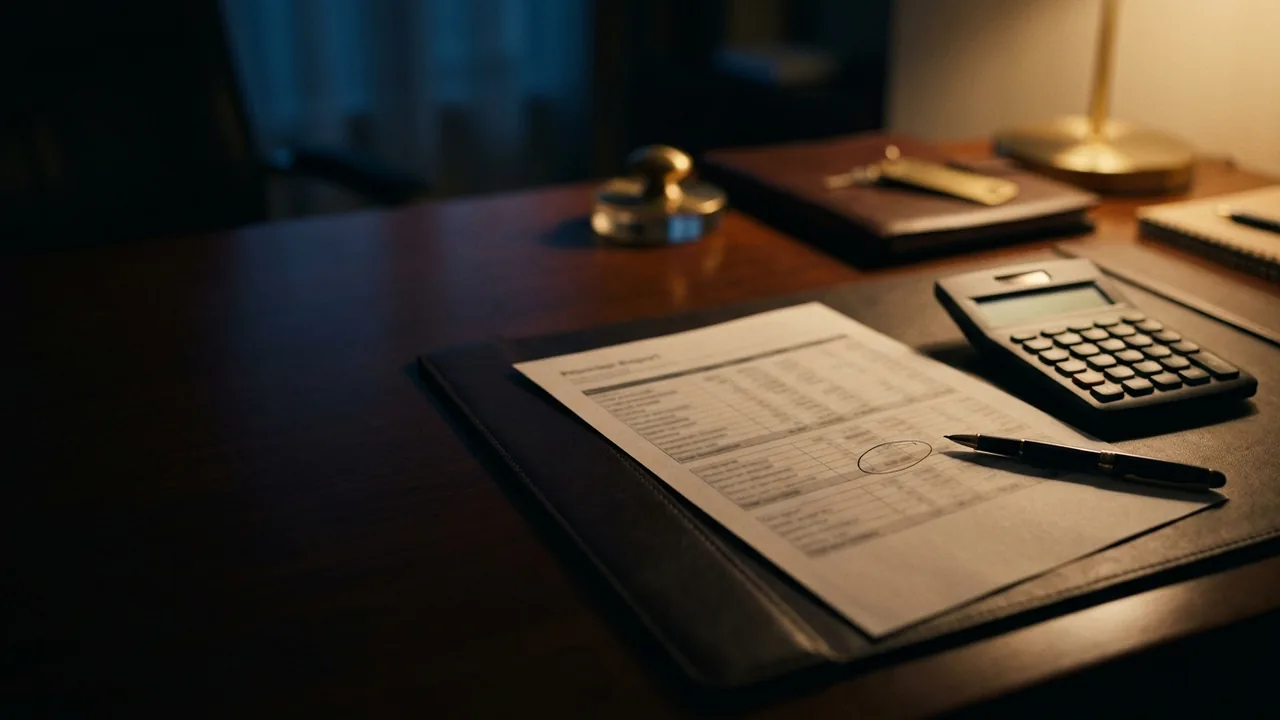 Close-up of a hotel general manager's desk at night, a calculator