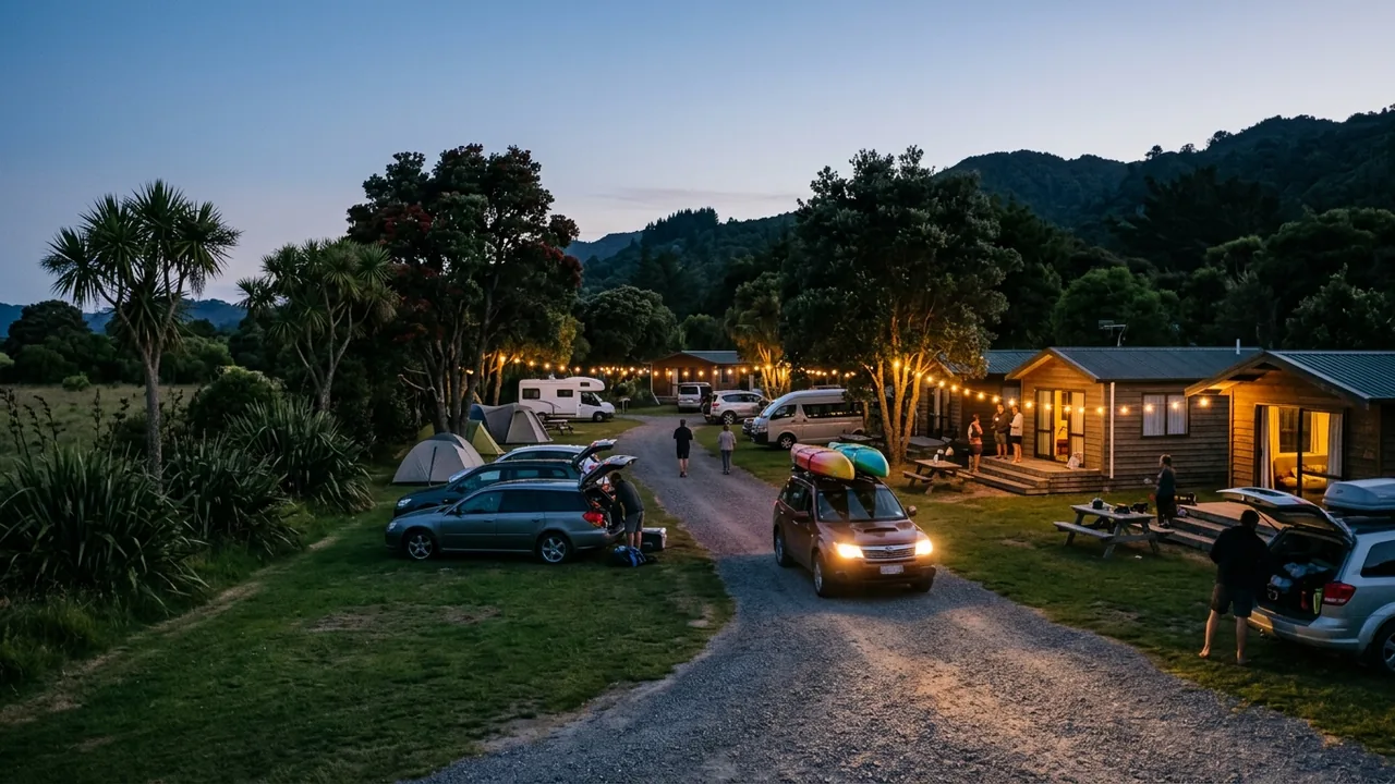 Wide shot of a New Zealand holiday park on a long-weekend evening, cars arriving with kayaks on roof racks