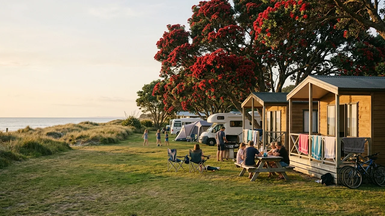 Summer evening at a New Zealand holiday park near the beach, pōhutukawa in red bloom, families outside cabins