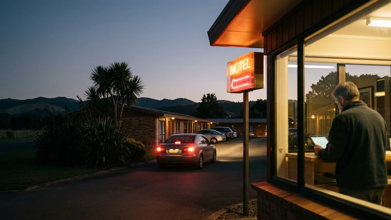Friday evening at a small New Zealand motel, cars pulling in under a glowing sign