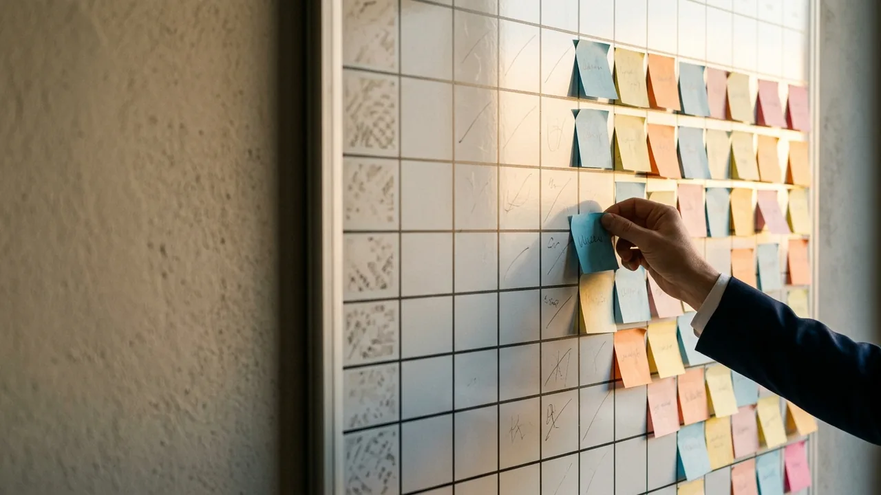 Image of a hotel reservations calendar on a wall, sticky notes clustered close to today's date