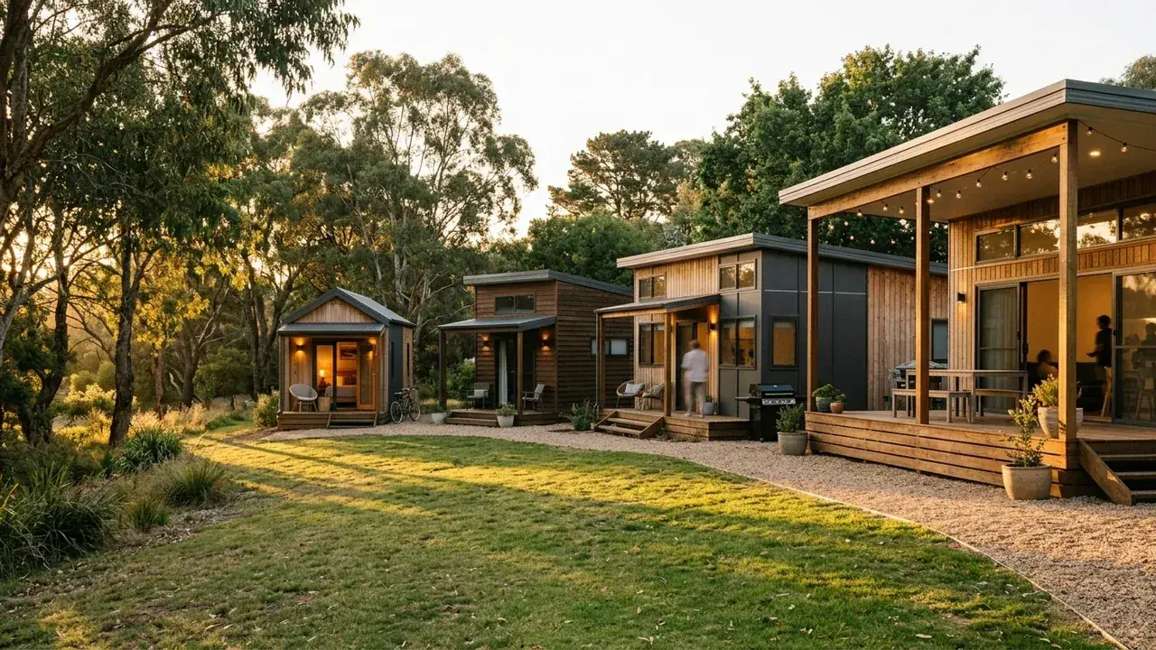 Row of four different holiday park cabins at golden hour, from a small studio to a large family cabin with a deck