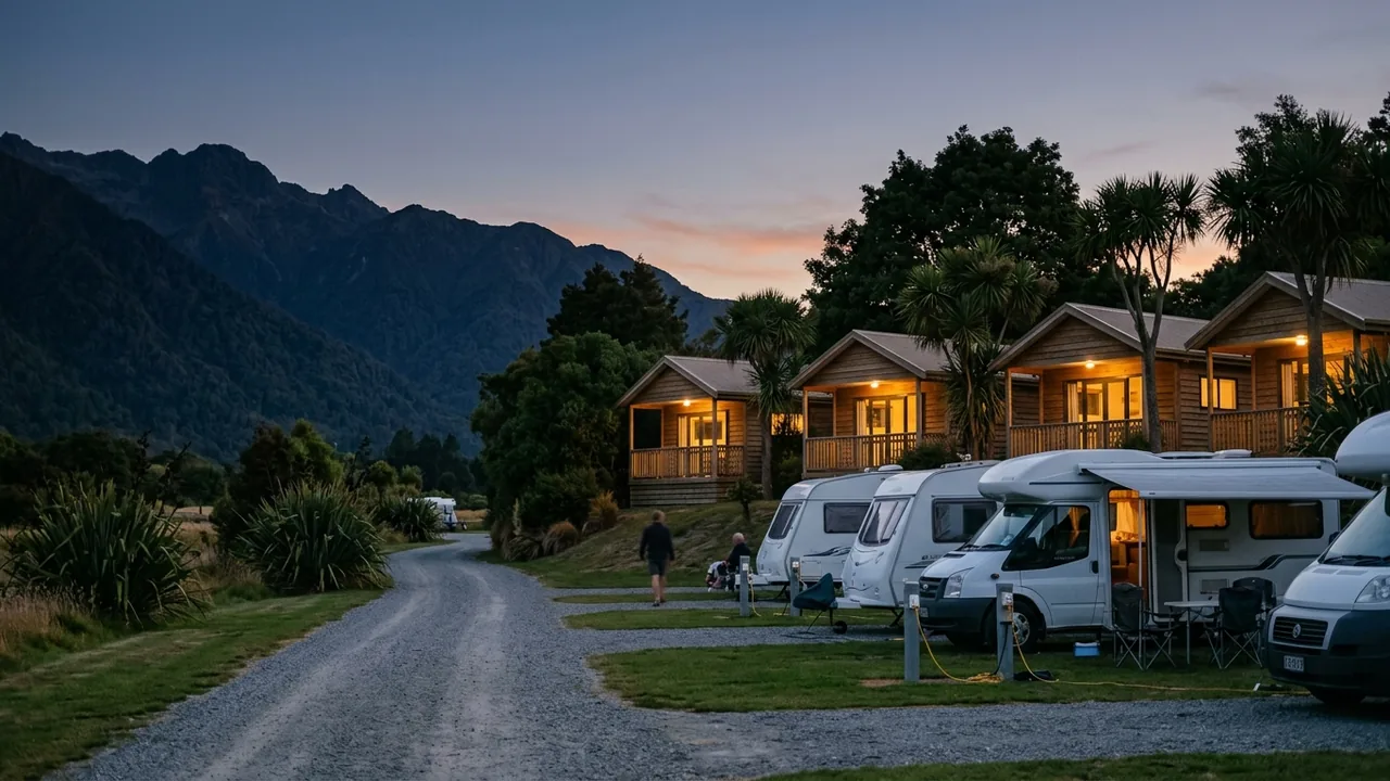 Dusk view of a New Zealand holiday park, a row of timber cabins with warm lit windows