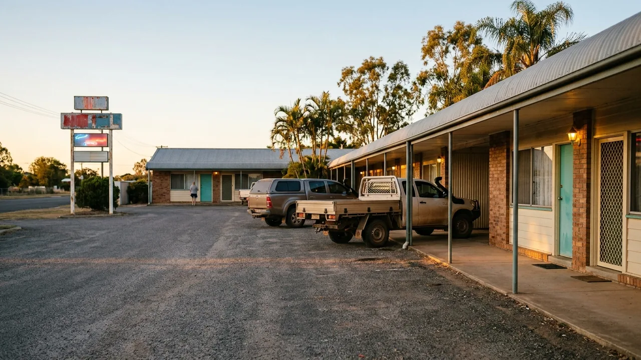 Late-afternoon photo of a regional Queensland motel, a row of doors under a covered walkway, utes parked outside