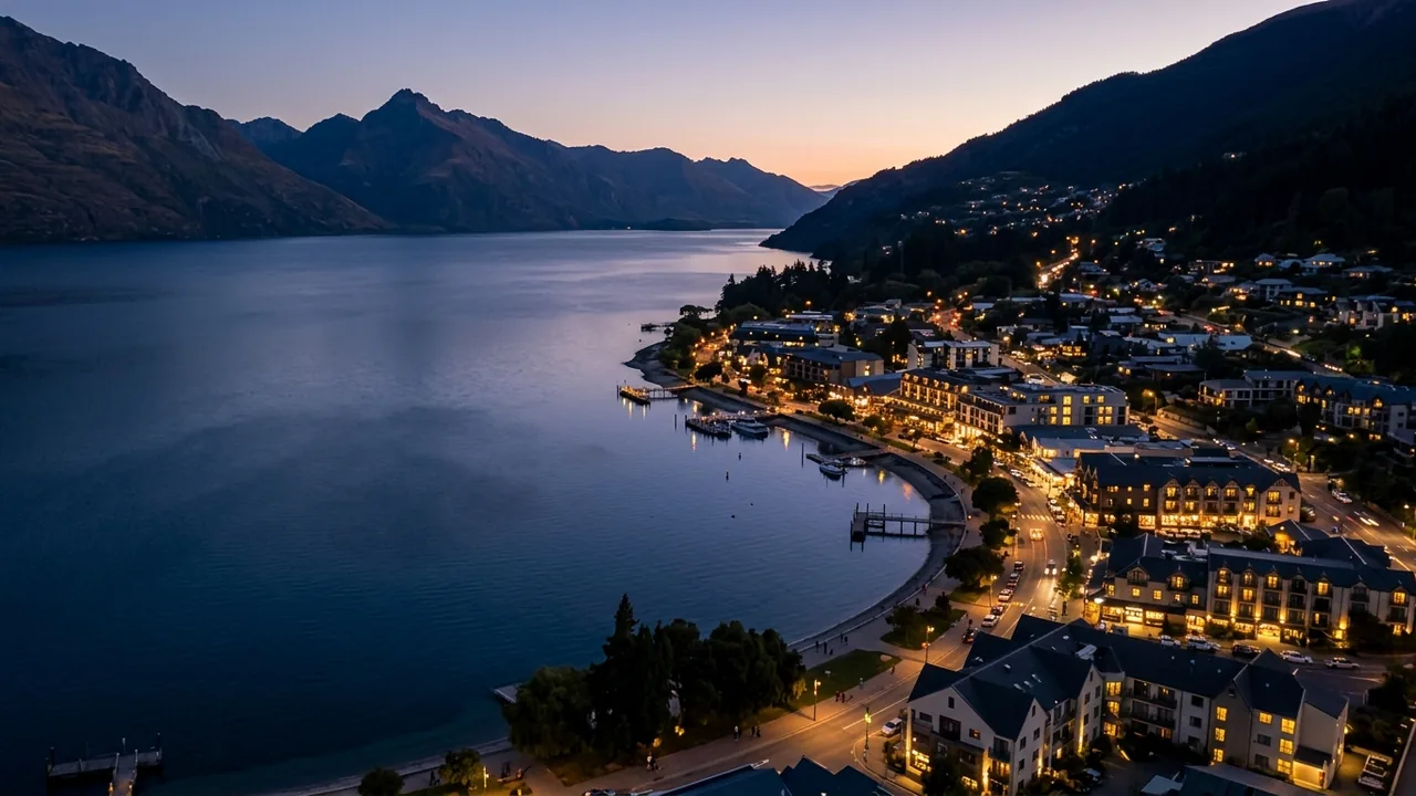 Aerial dusk view of Queenstown lakefront hotels with lit windows along the curve of Lake Wakatipu