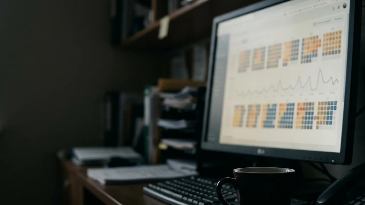 Close-up of a desktop monitor in a dim hotel back office showing an abstract