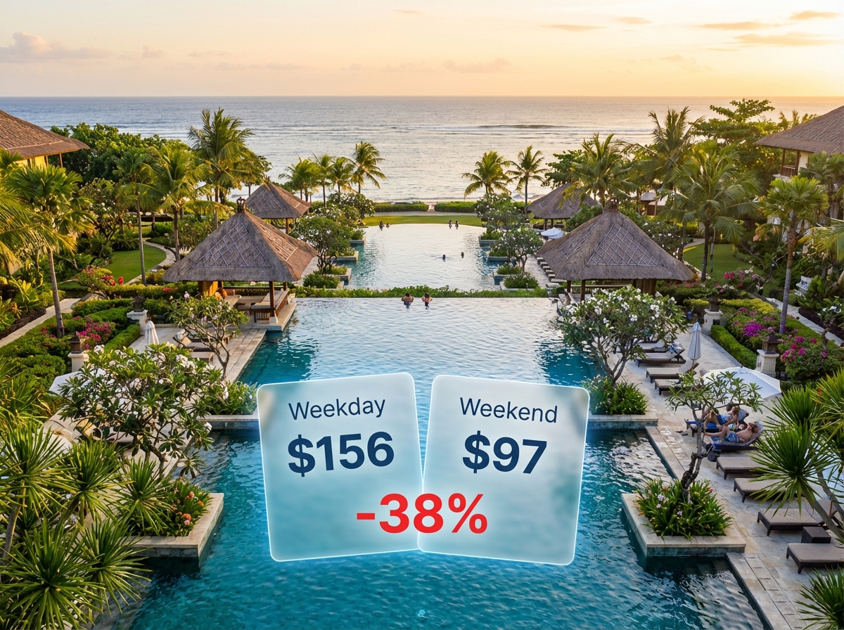 Nusa Dua resort pool aerial view showing weekday ADR $156 vs weekend $97, a −38% inverse market signal, Bali 2026