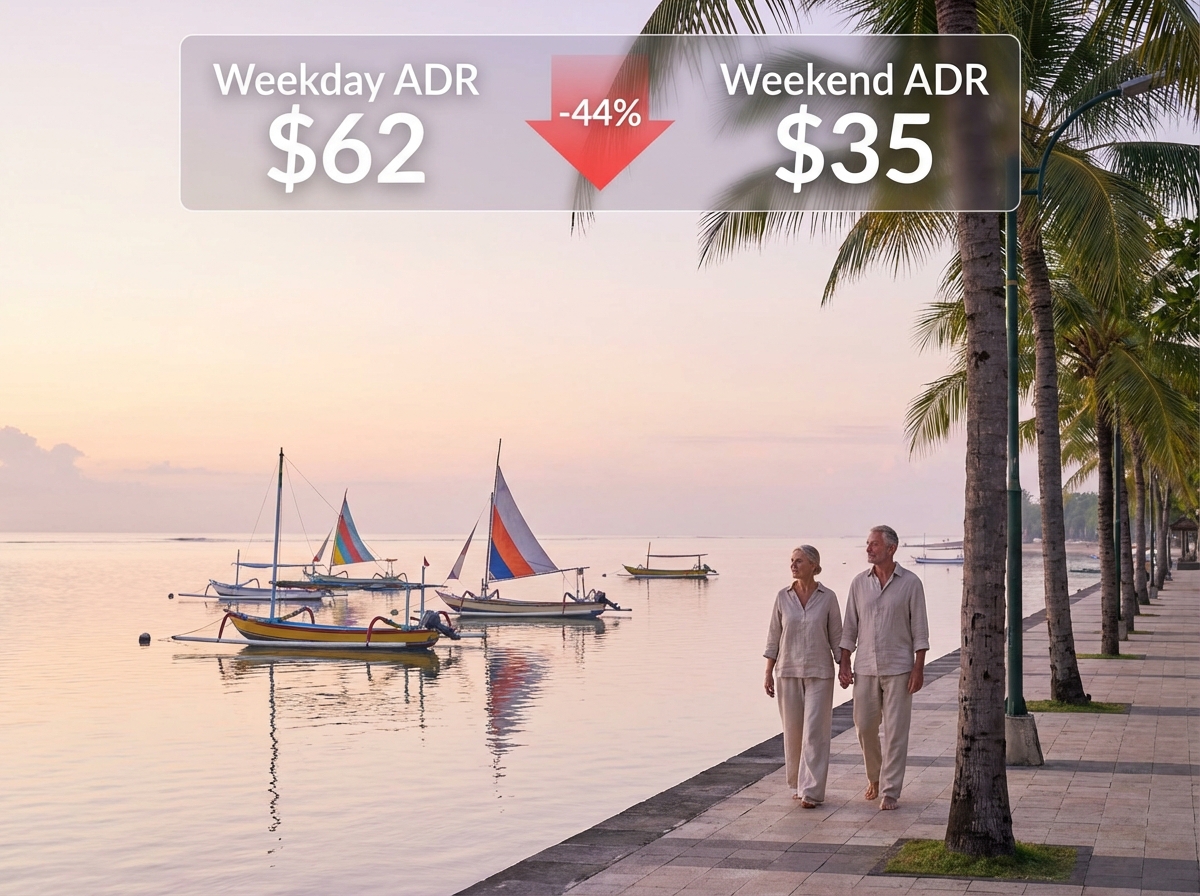 Sanur's weekend ADR drops 44% vs weekday—one of Bali's steepest declines. But the market is remarkably consistent, which creates a completely different revenue optimization path than other destinations.