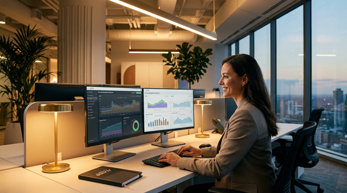 A woman on her desk doing Revenue Management System Using RoomPriceGenie