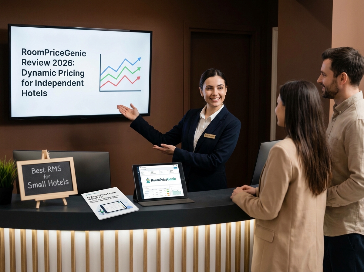 A woman showing hoteliers about an honest RoomPriceGenie review for 2026
