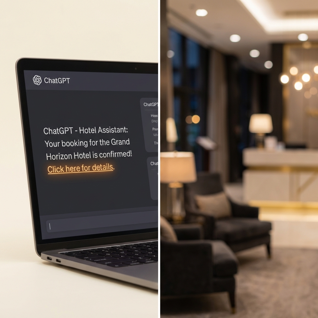 A hotel booking confirmation screen displayed inside a ChatGPT conversation window on a laptop, warm cream and dark charcoal tones, professional hotel lobby in soft background bokeh, direct booking confirmation visible, no OTA branding
