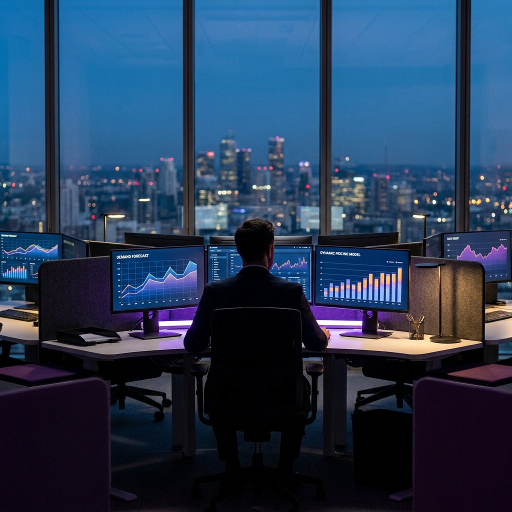 A hotel revenue manager at a modern workstation reviewing glowing analytics dashboards with demand curves and pricing graphs, dark charcoal and deep purple tones, city skyline visible through floor-to-ceiling windows at dusk, cinematic lighting, no people faces visible