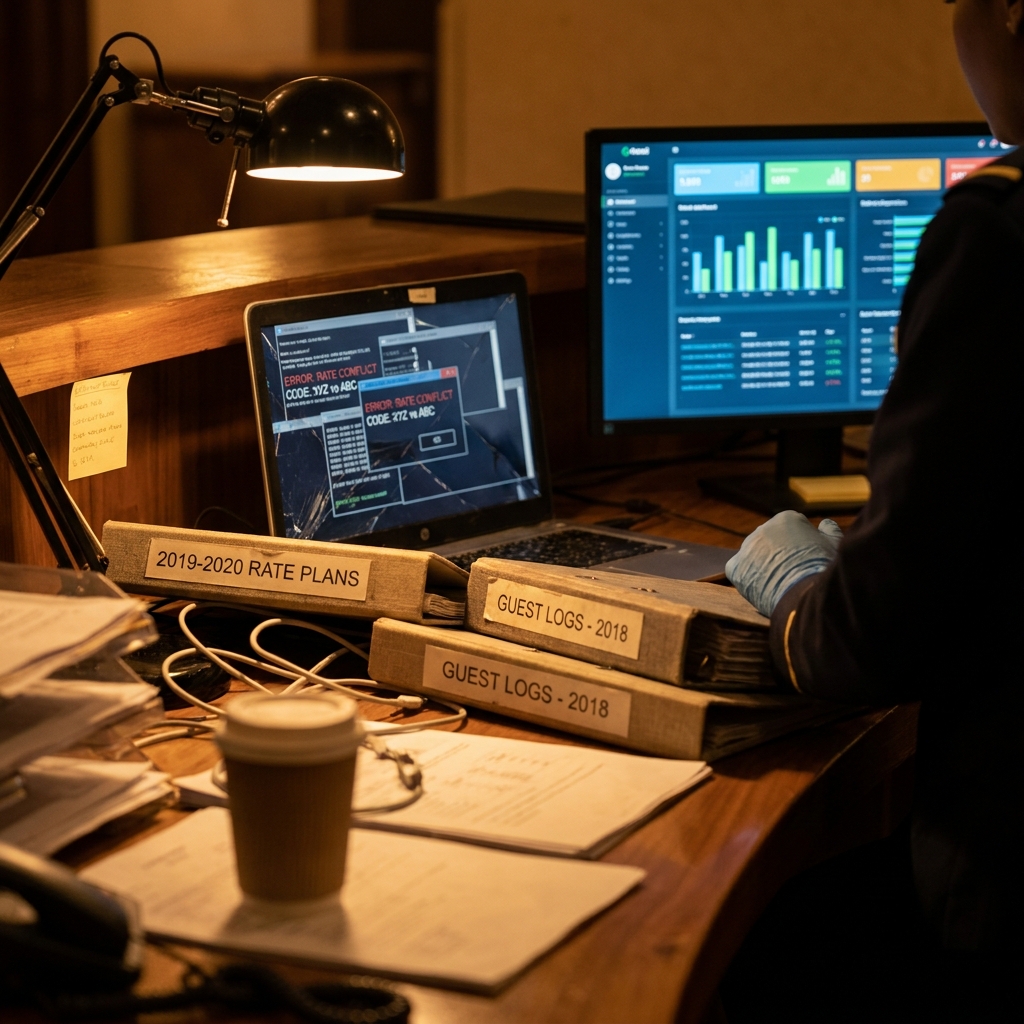 cinematic close-up of a hotel operations desk with stacked legacy binders and a cracked laptop screen showing conflicting rate codes, one monitor glowing with clean analytics in the background, warm amber and deep shadow tones, no people faces visible, depth of field blur on foreground clutter