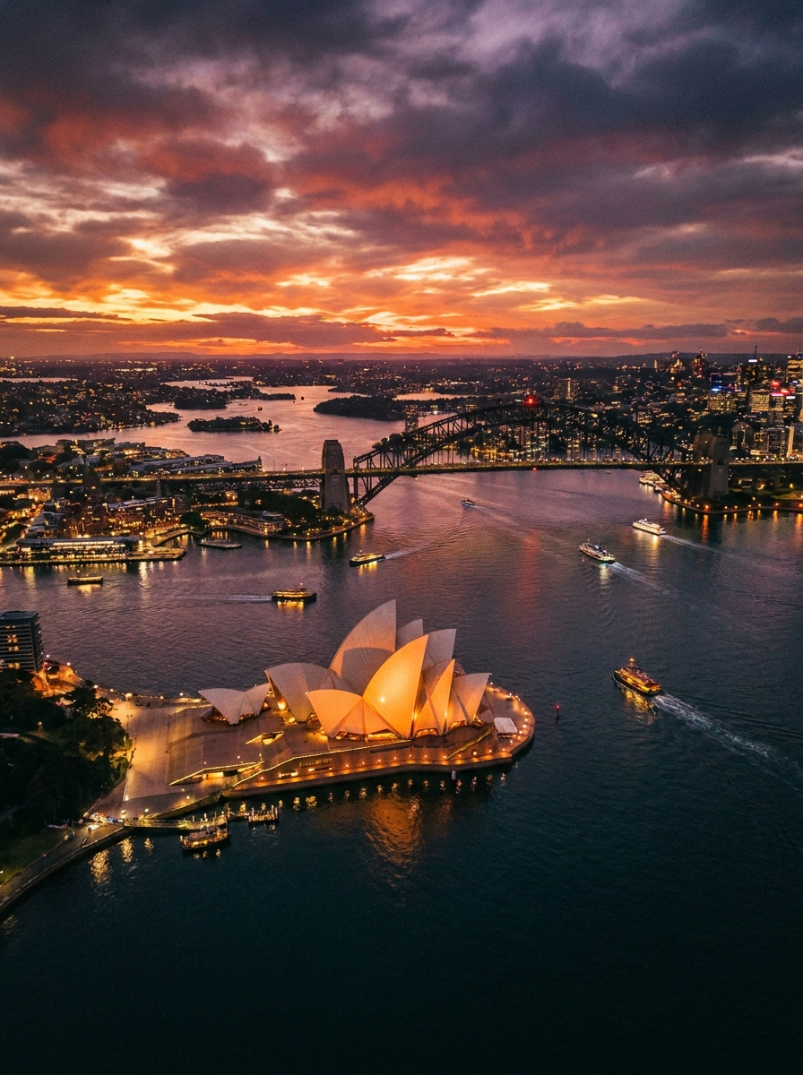 Cinematic aerial dusk shot over Sydney Harbour, Opera House glowing amber, Harbour Bridge silhouette, city lights reflecting on water, dramatic clouds, photorealistic wide angle