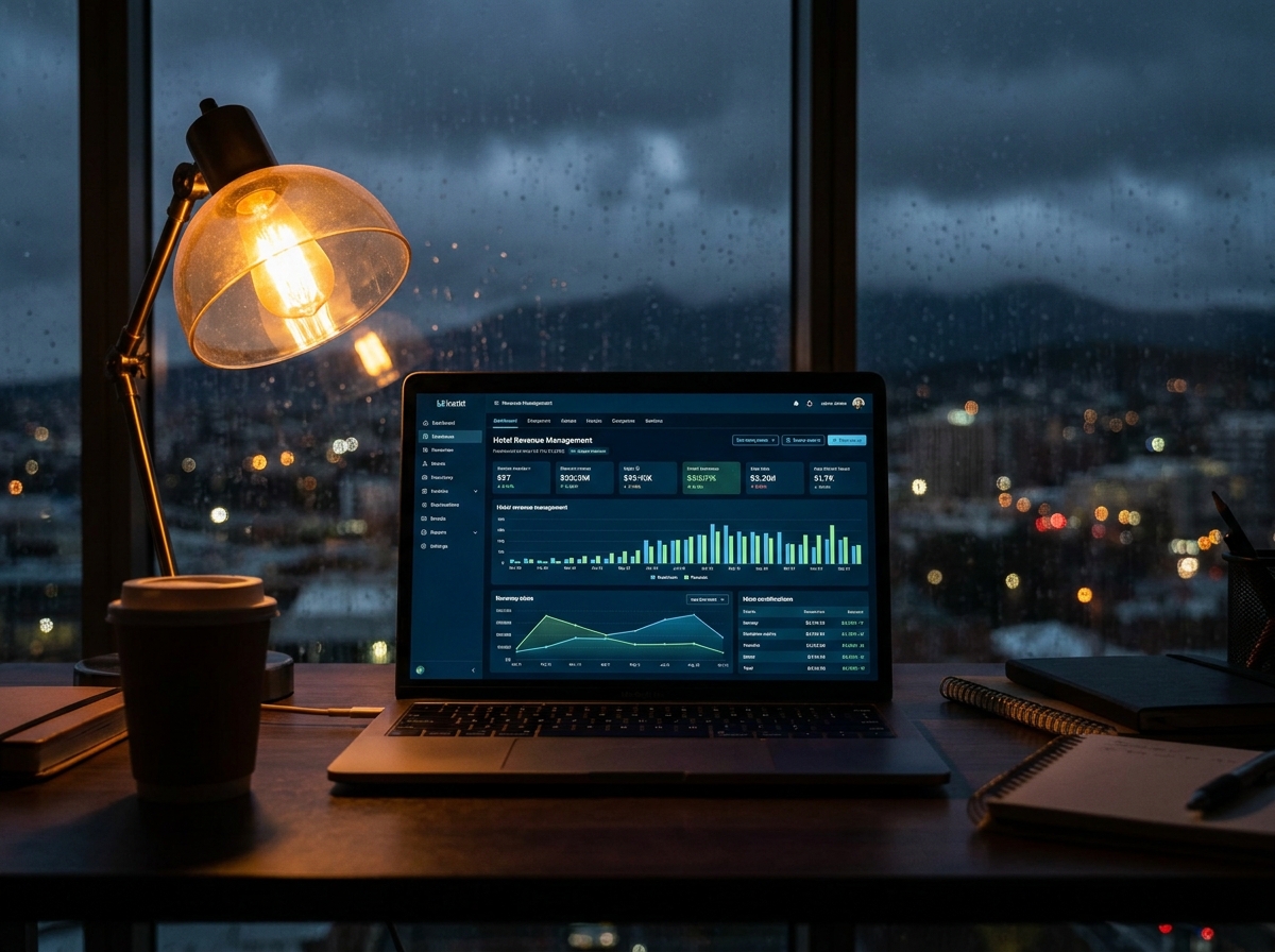 Cinematic close-up of a hotel pricing dashboard on a laptop screen glowing in a dark office, warm amber desk lamp, blurred Hobart cityscape through rain-streaked window behind, moody and focused, editorial style