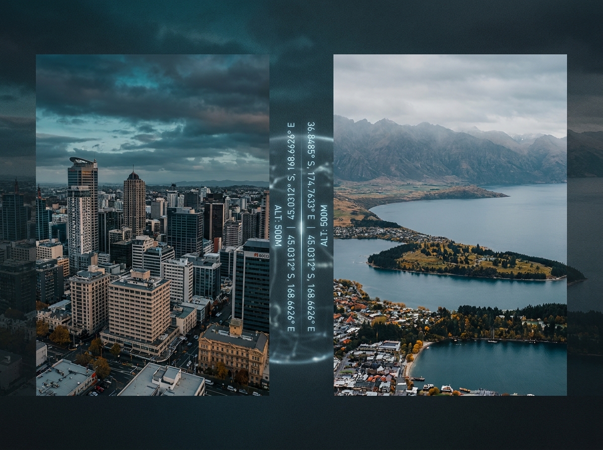 Split aerial view of Auckland waterfront and Queenstown lake at dusk, teal and charcoal colour grade, cinematic wide format