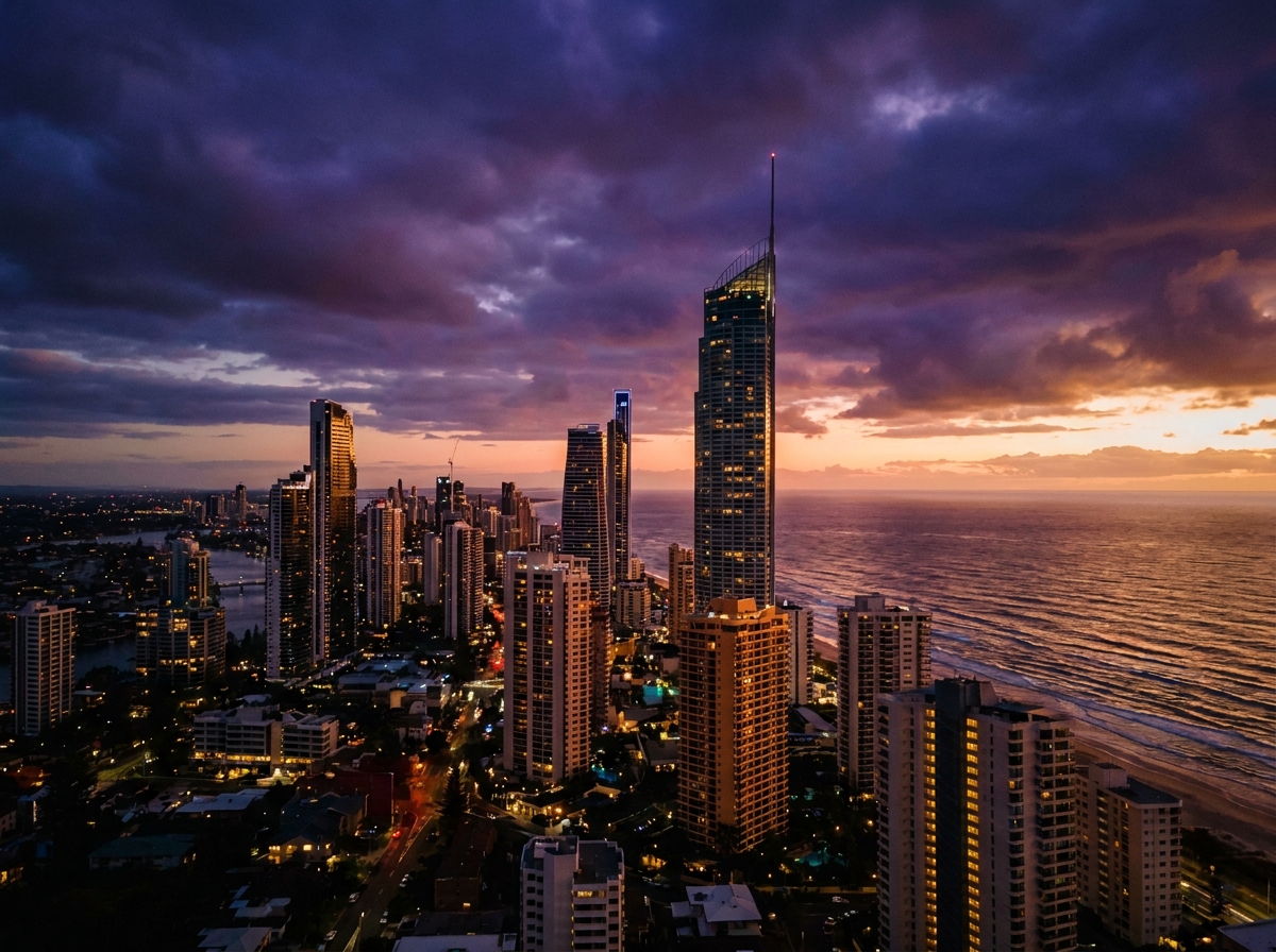 Cinematic aerial dusk shot over Gold Coast Surfers Paradise skyline, towers glowing amber against purple sky, ocean sparkling in background, wide angle photorealistic, moody dramatic atmosphere