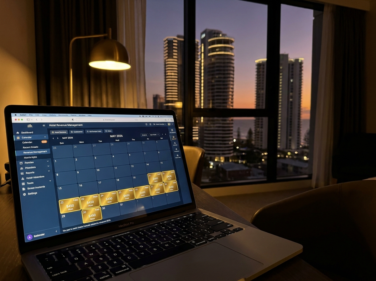 Cinematic close-up of a hotel revenue calendar on a laptop screen with May 2026 open, specific dates highlighted in gold, Gold Coast high-rise hotel visible through window at dusk, warm editorial lighting, sharp focus