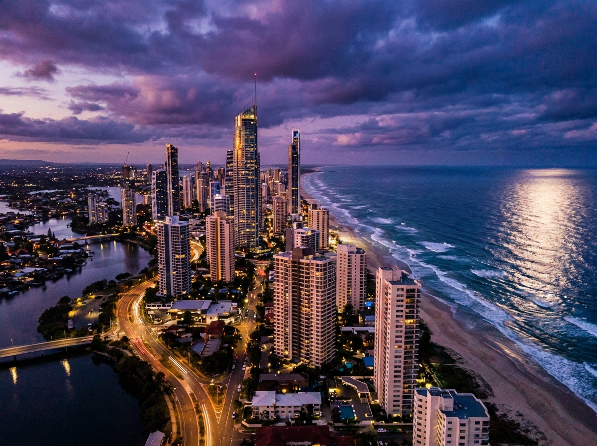 Cinematic aerial dusk shot over Gold Coast Surfers Paradise skyline, towers glowing amber against purple sky, Broadbeach visible in mid-ground, ocean sparkling, wide angle photorealistic, moody dramatic atmosphere