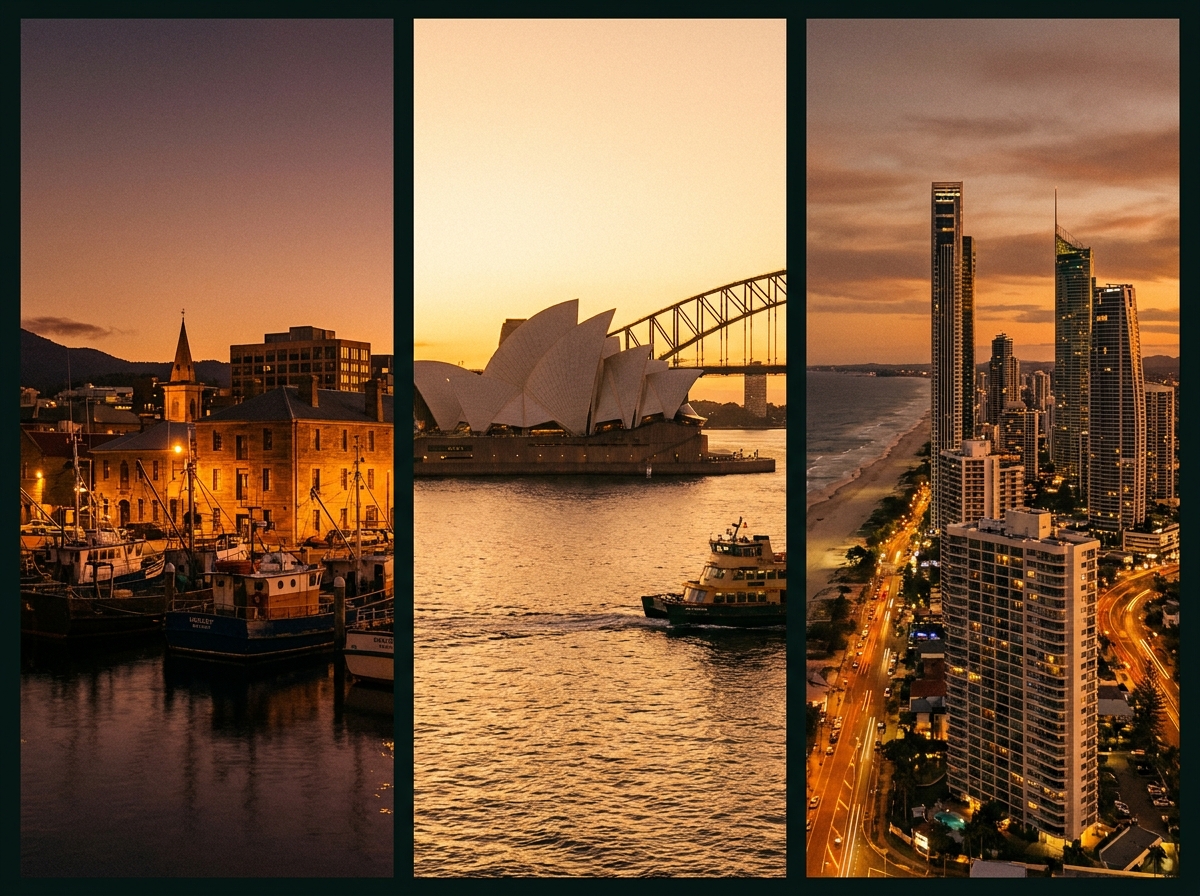 Cinematic triptych of three Australian cities at dusk — Hobart harbour, Sydney Opera House, Gold Coast skyline — each panel warm amber toned, editorial split-screen style, photorealistic