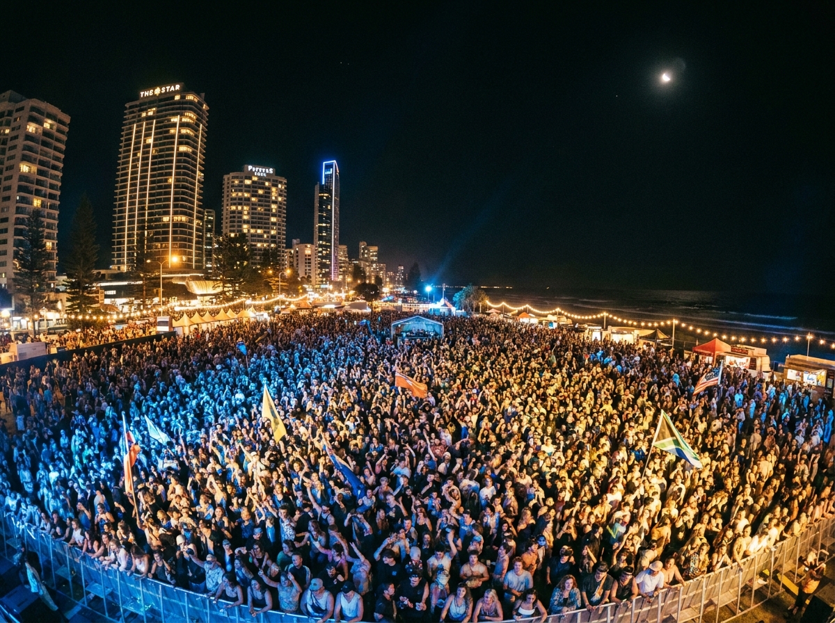 Cinematic shot of a live music festival crowd at night on the Gold Coast Broadbeach foreshore, stage lights glowing blue and gold, distant hotel towers lit up, warm festival atmosphere, editorial wide angle