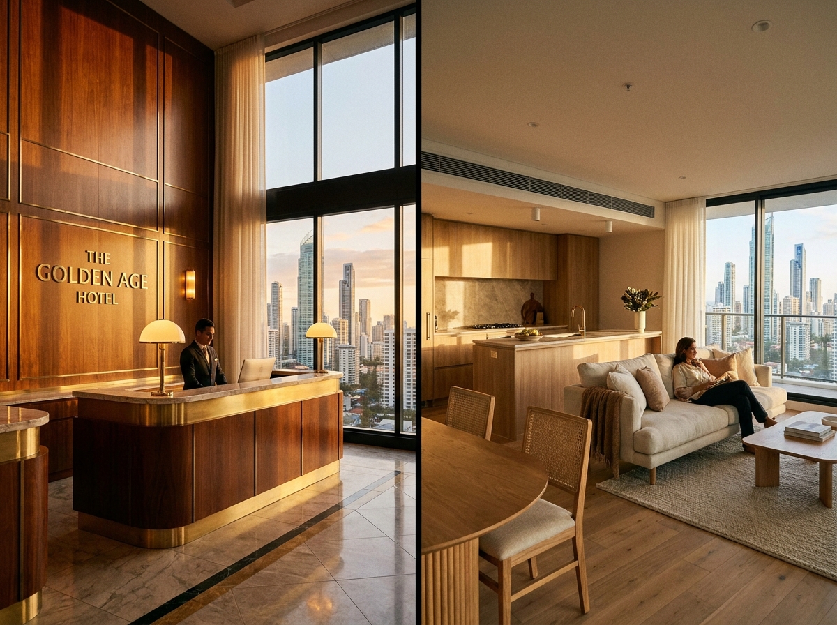 Cinematic split-frame comparison of a hotel lobby reception desk and a modern Airbnb apartment interior, both warm-toned, editorial style, sharp contrast, Gold Coast high-rise views visible through windows in both frames