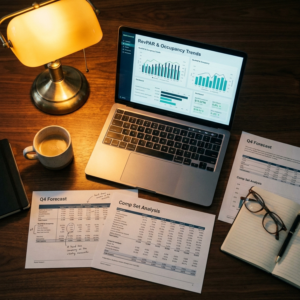 Cinematic flat-lay of a hotel analyst's desk — printed data tables, a glowing laptop with charts, a coffee cup, warm tungsten lighting, dark wood surface, editorial magazine style