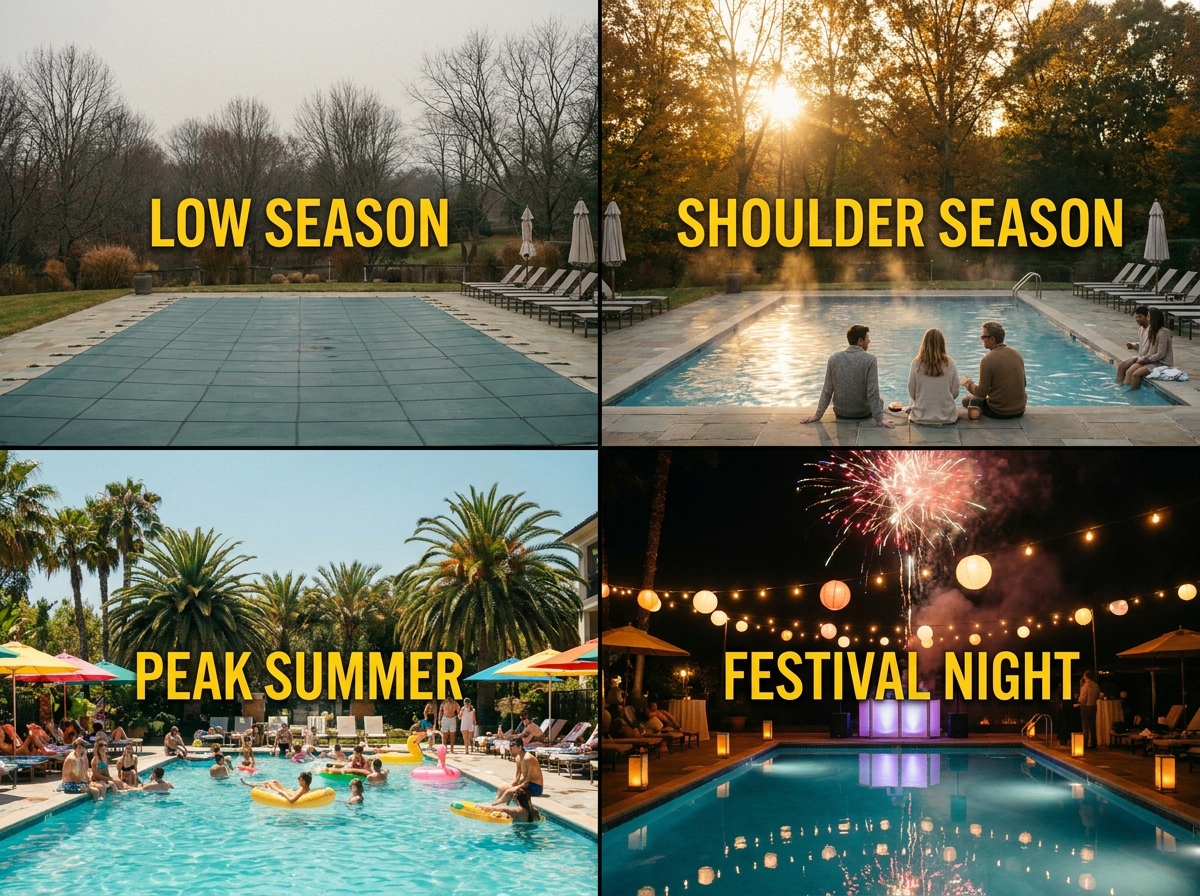 Cinematic split four-panel image showing a hotel pool at four different seasons — empty overcast low season, golden shoulder season, vibrant peak summer, festival peak night — warm editorial tones, photorealistic