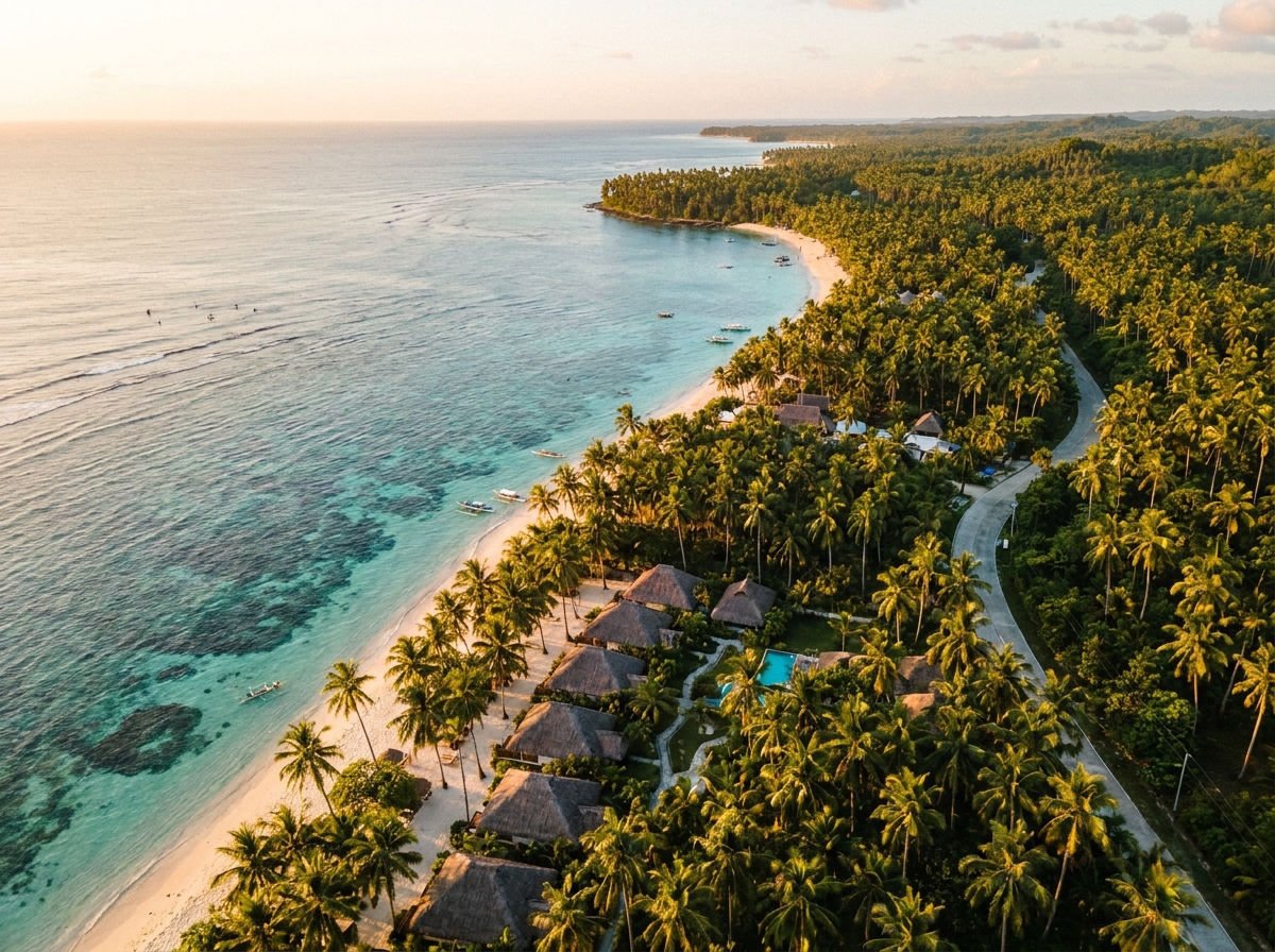 Cinematic aerial shot of Siargao Island coastline at golden hour, palm-lined beaches, turquoise waters, resort bungalows visible through tropical canopy, warm editorial tones, wide angle photorealistic