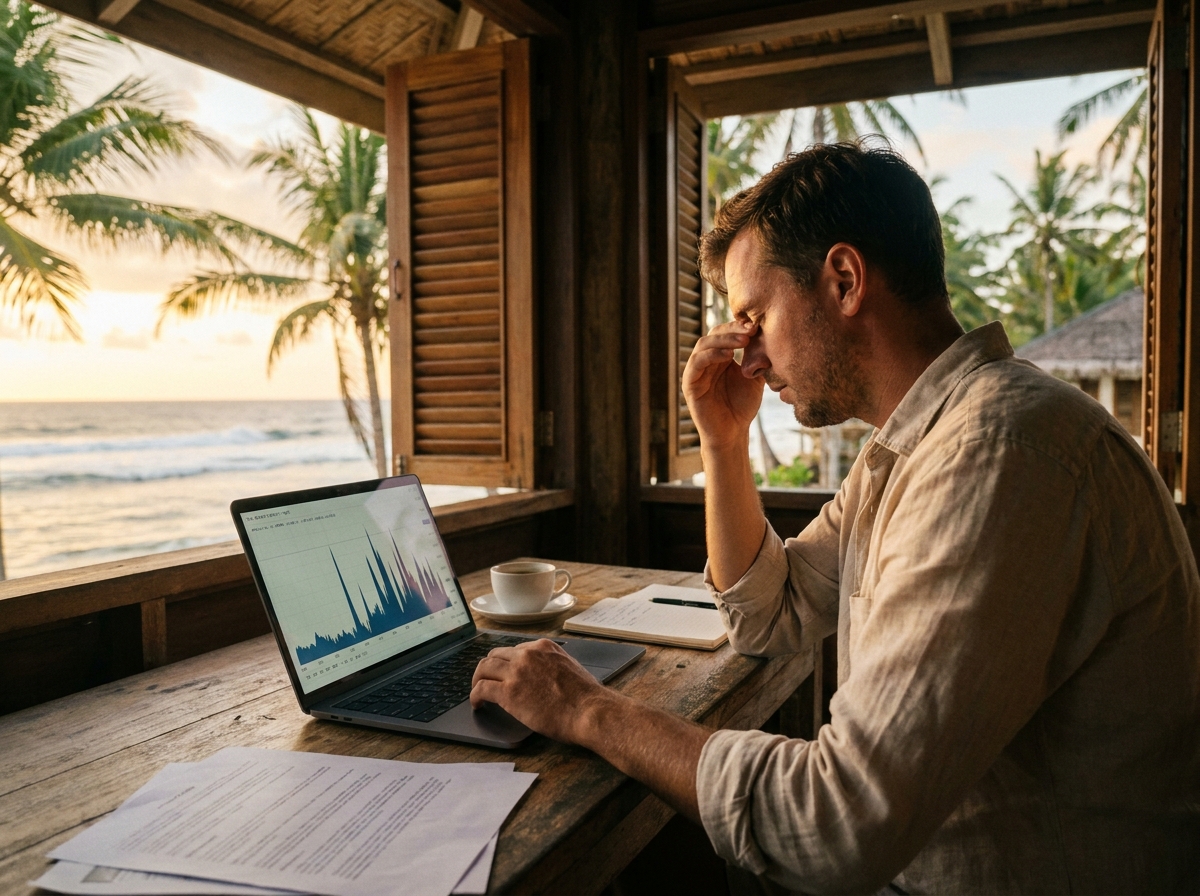 Cinematic shot of a hotel revenue manager reviewing a volatile pricing chart on a laptop at a resort desk in Siargao, palm trees and ocean visible through open shutters, warm tropical light, editorial focus
